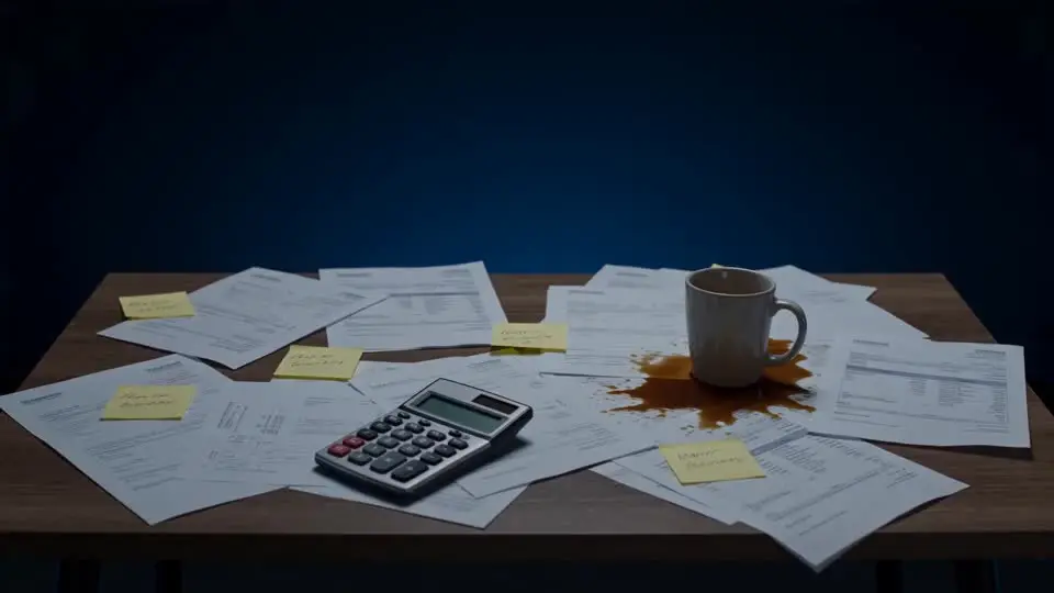 שולחן משרד עמוס ניירות, פתקים ומחשבון — המציאות לפני ERPEAK — מתפרק לאור ומתגבש למסך אחד מסודר